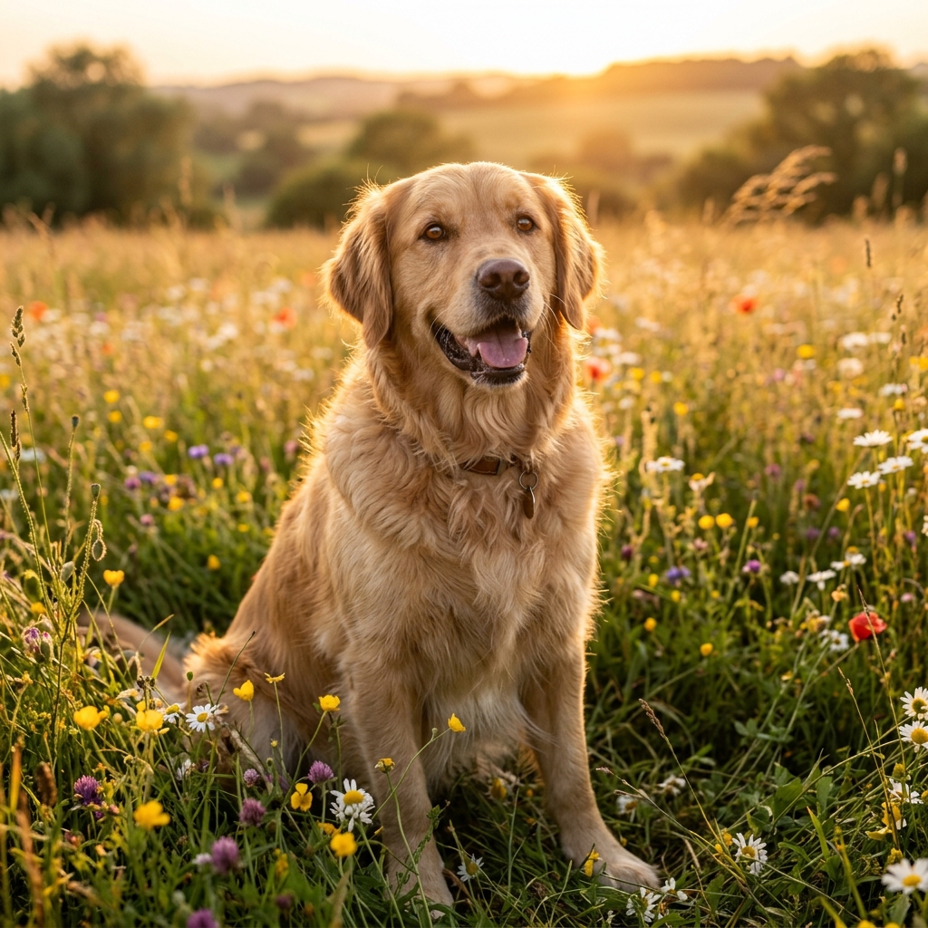 Golden Hour Serenade: Golden Retriever in Wildflower Meadow