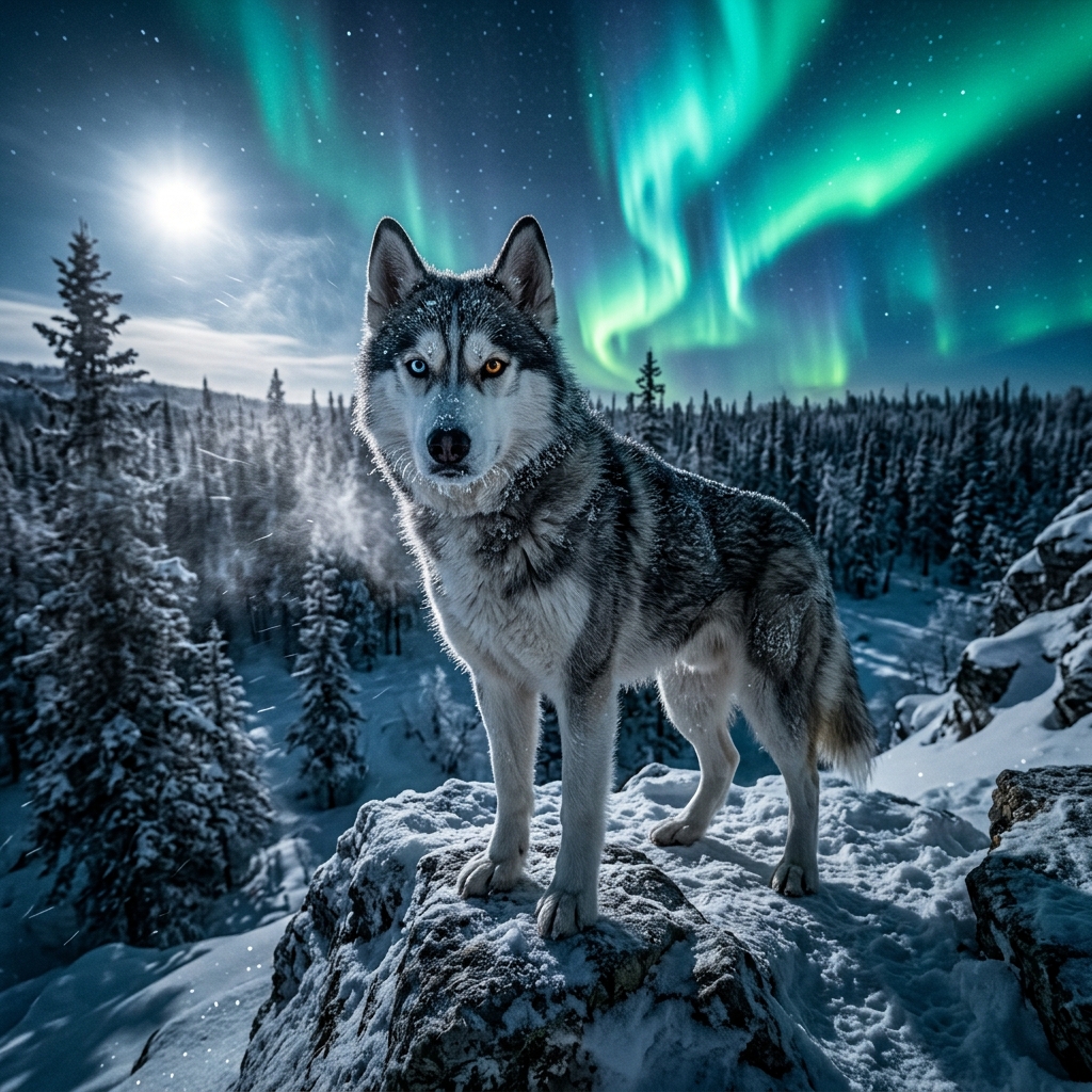 Arctic Sentinel: Siberian Husky Beneath the Northern Lights