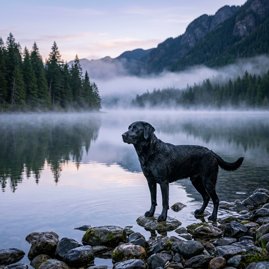Morning Mist Guardian: Black Labrador at Alpine Lake