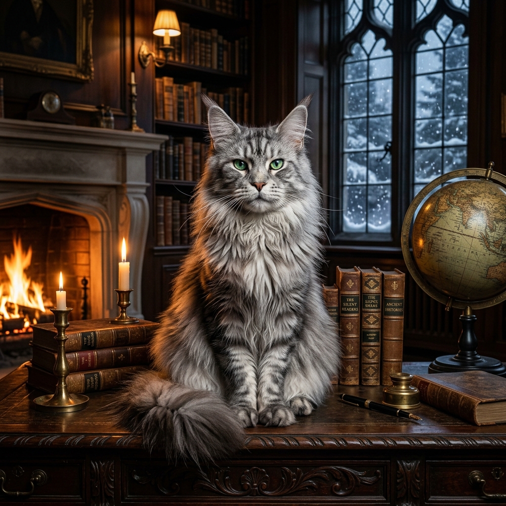 Scholar of the Hearth: Majestic Maine Coon in Vintage Library