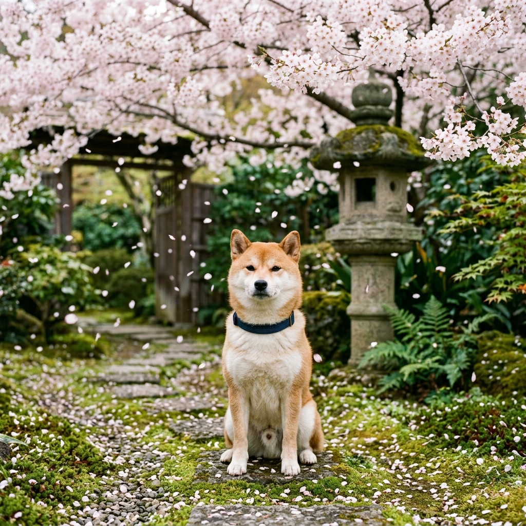 Sakura Serenity: Shiba Inu under Kyoto Cherry Blossoms