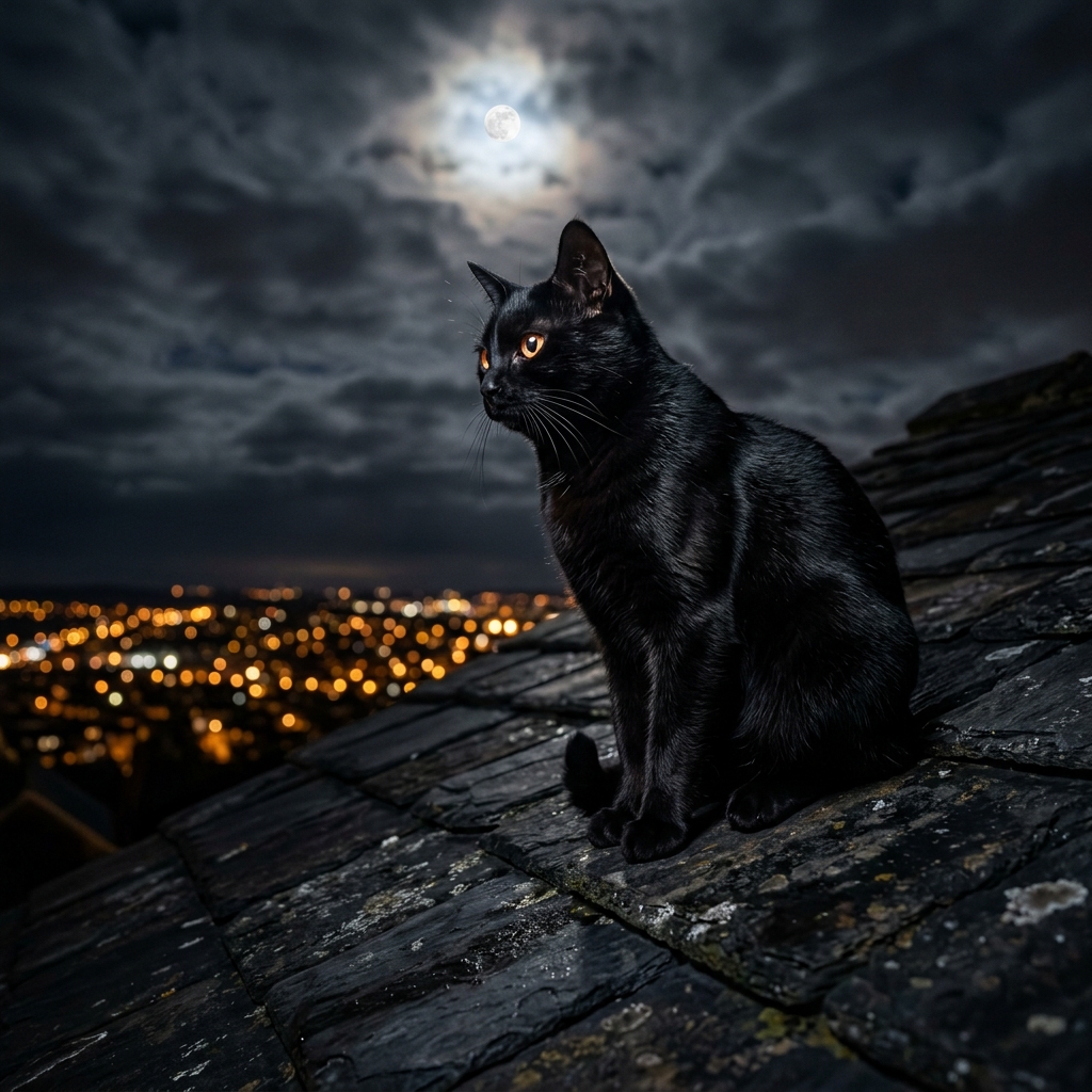 Shadow Panther: Bombay Black Cat on Rooftop at Midnight