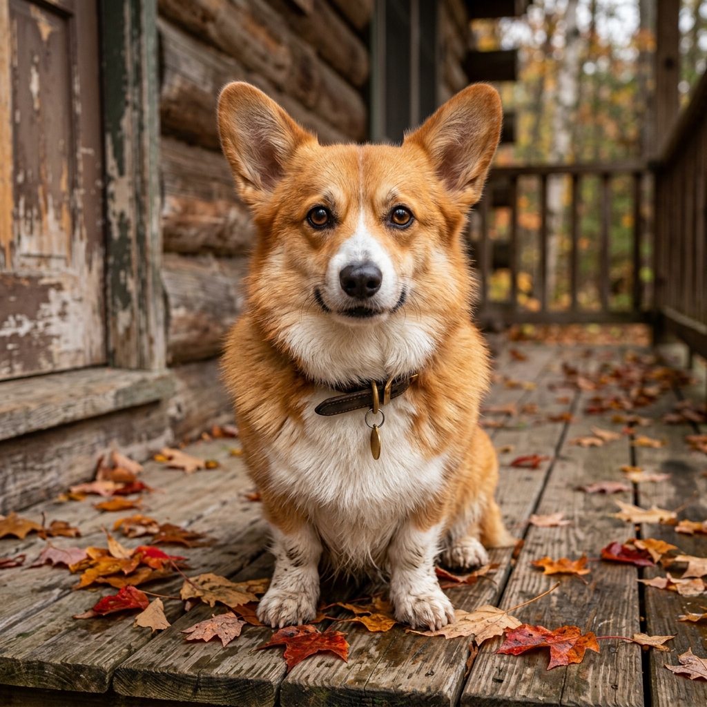 Autumn Whispers: Pembroke Welsh Corgi on Rustic Wooden Porch