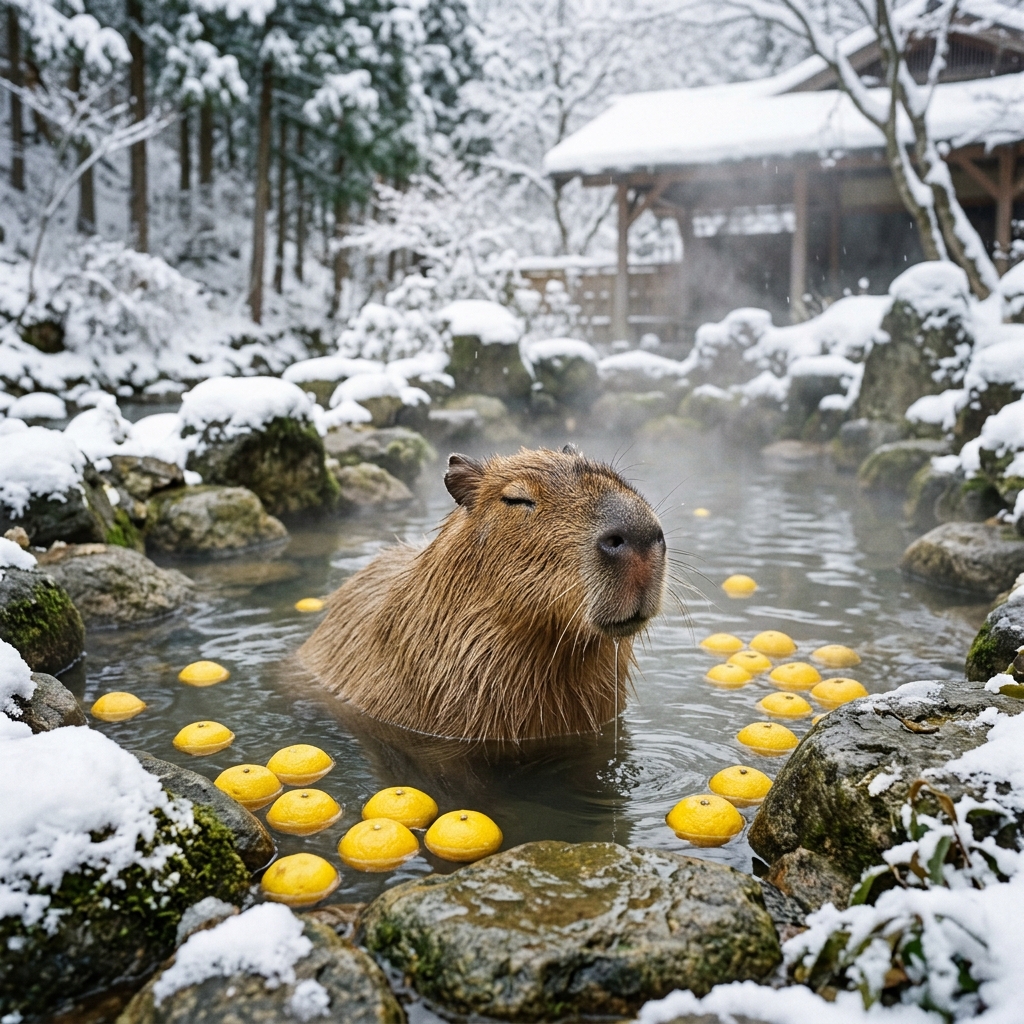 The Master of Zen: Capybara in Hot Spring with Floating Yuzu